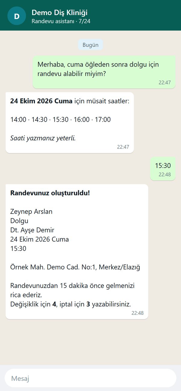 Örnek WhatsApp yazışması: hasta cuma öğleden sonra dolgu için yazıyor, bot müsait saatleri gösteriyor ve randevuyu oluşturuyor